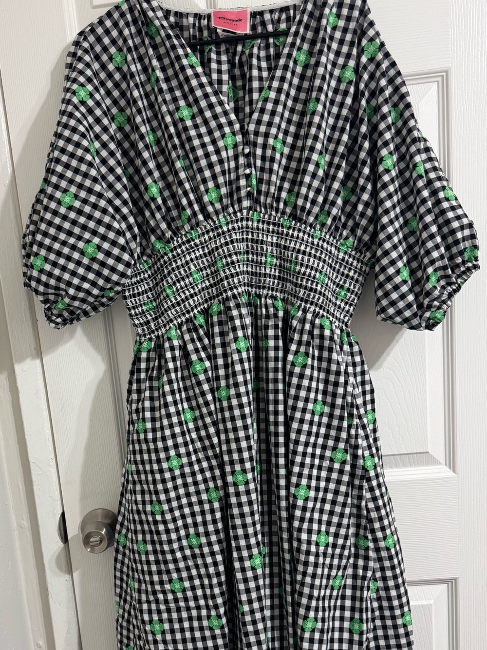 kate spade Black and White Gingham Midi Dress with Green Floral Dots